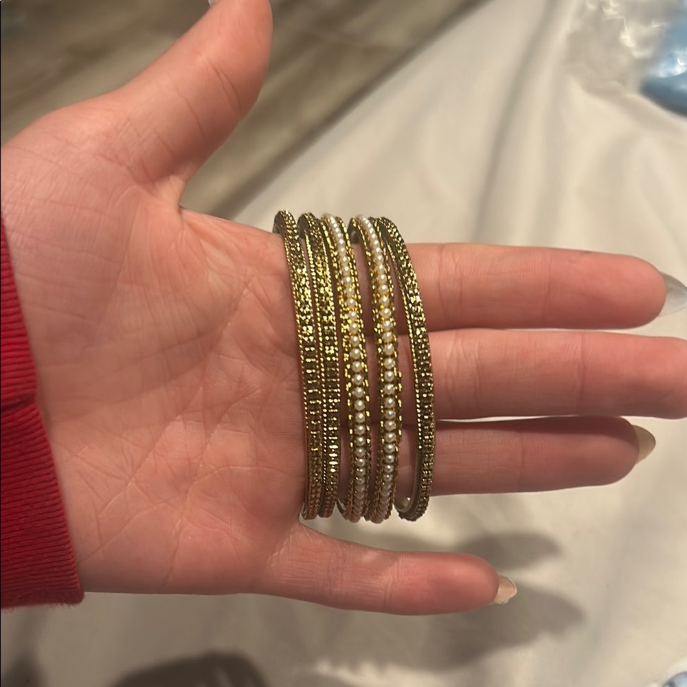 Elegant Gold and Pearl Bangle Set